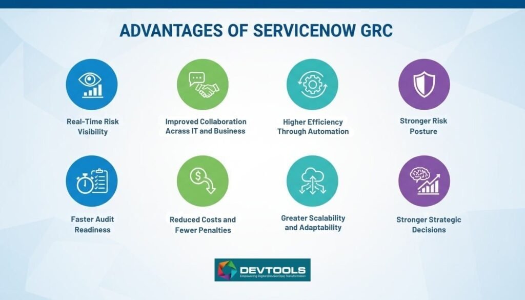 Infographic showing the key advantages of ServiceNow GRC with eight benefits represented by icons.
